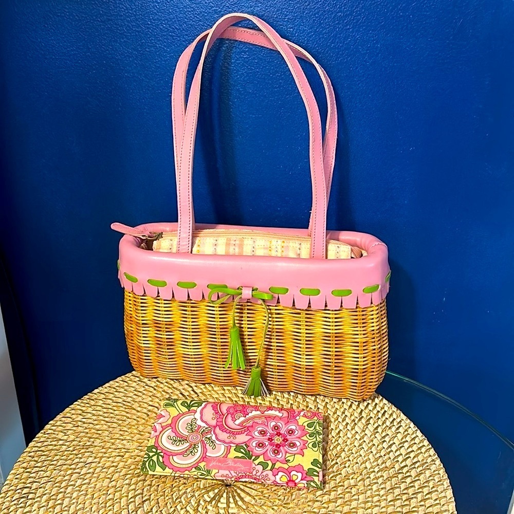 Emma Rose Wicker Straw Bag Tote Pink Leather Purse with Vera Bradley Wallet
